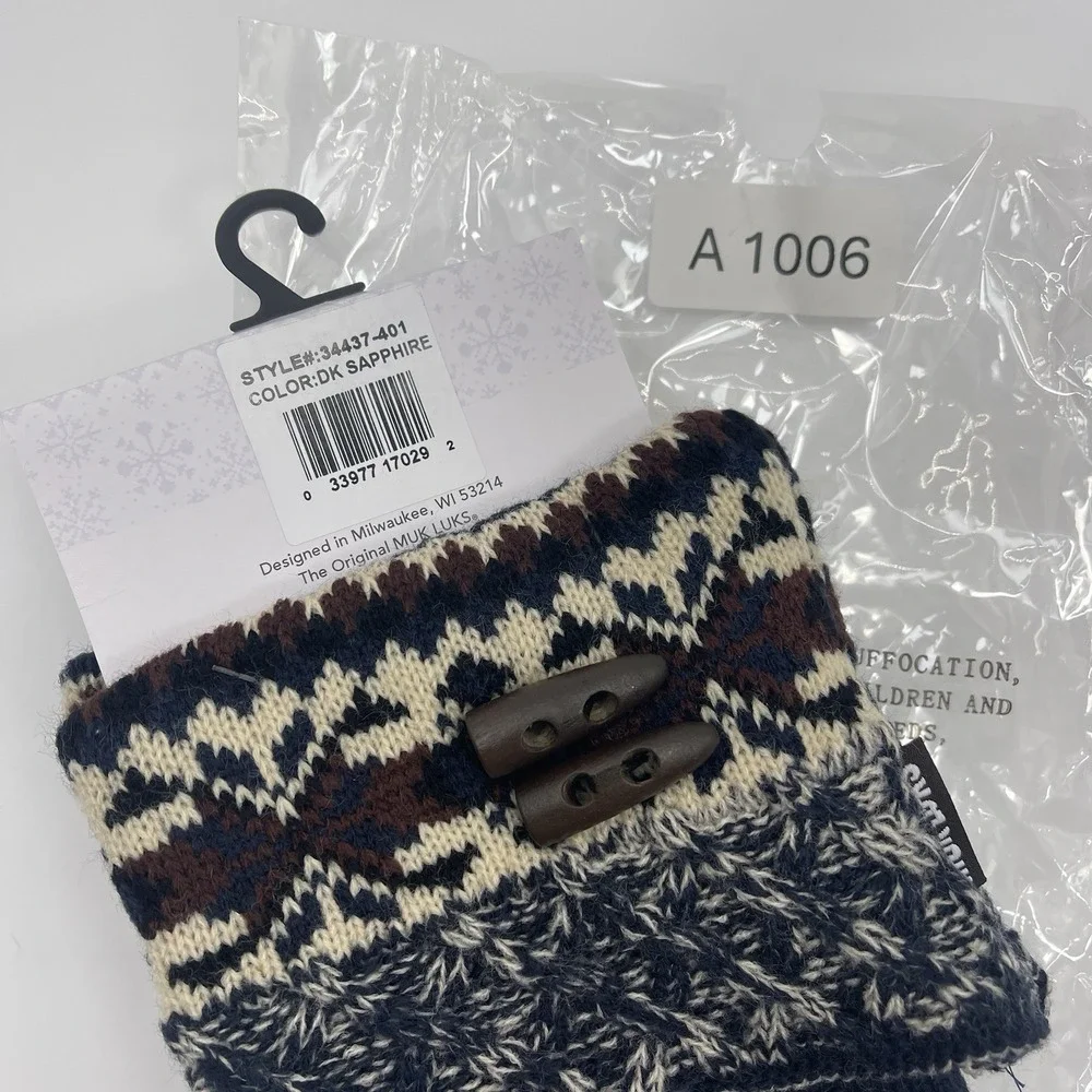 Muk Luks‎ Women Knit Cuff Boot Toppers Blue Brown Argyle Button Acrylic NEW
